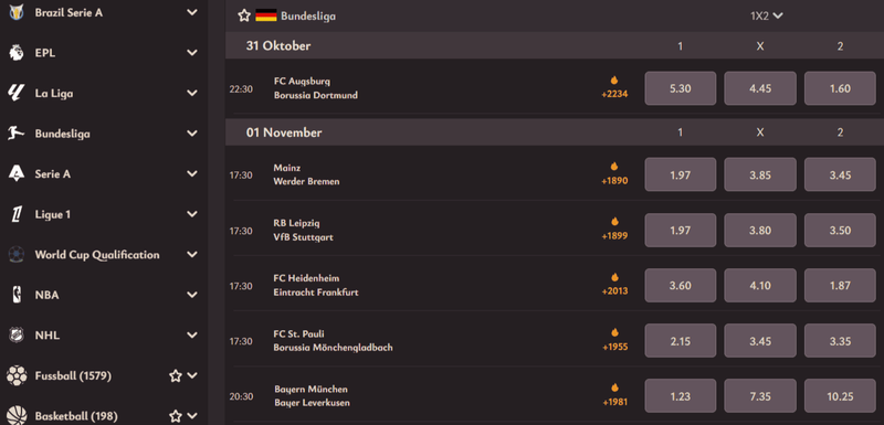 Sportwetten-Bereich im Vicibet Casino Deutschland mit Bundesliga-Quoten und Live-Wetten